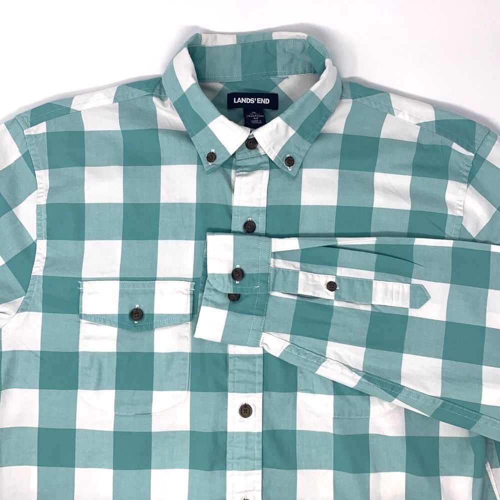 Land's End White & Teal Check Traditional Fit Long Sleeve Mens Shirt Size Medium